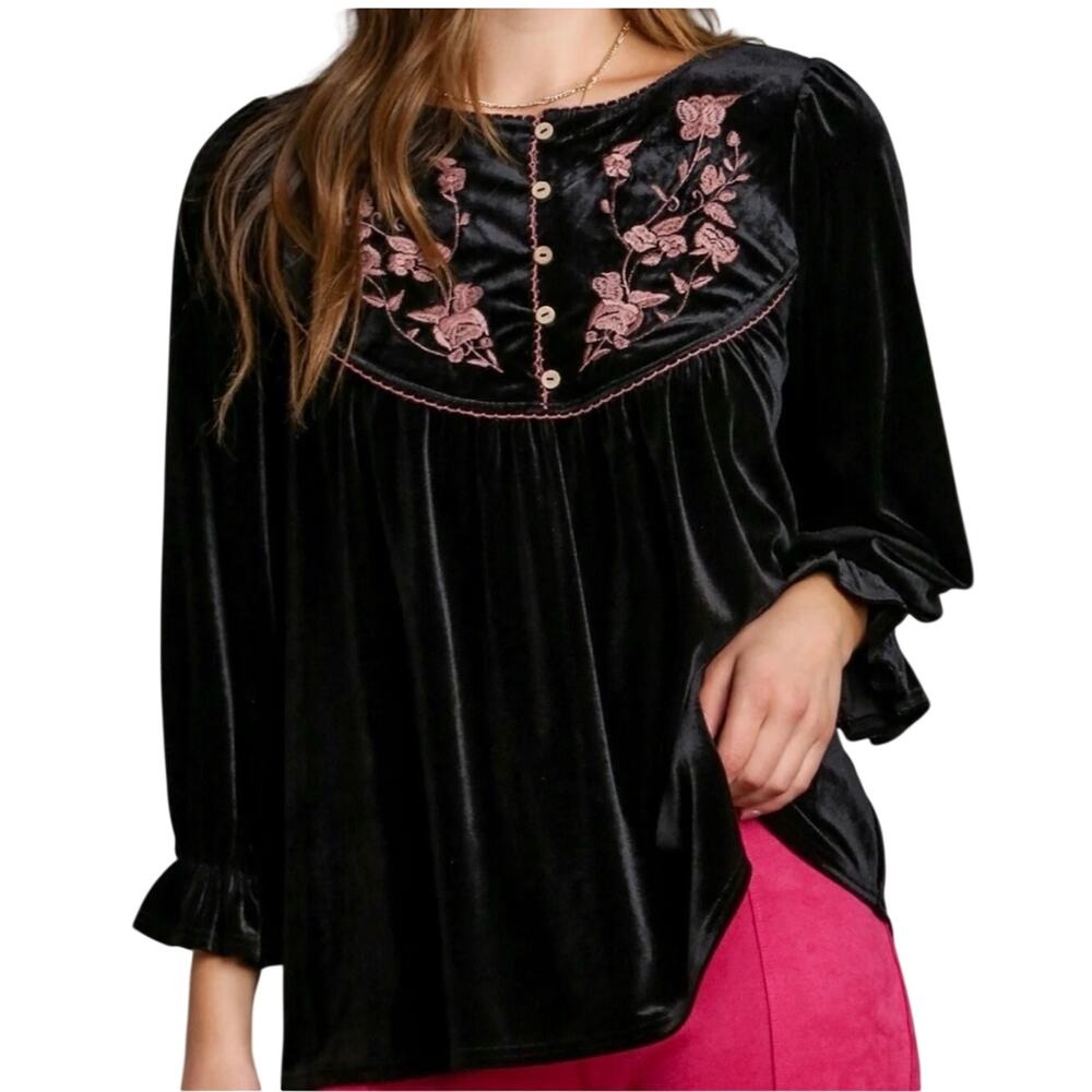 Umgee Black Velvet Embroidered Floral Babydoll Tunic, Boho Romantic, Medium, NWT